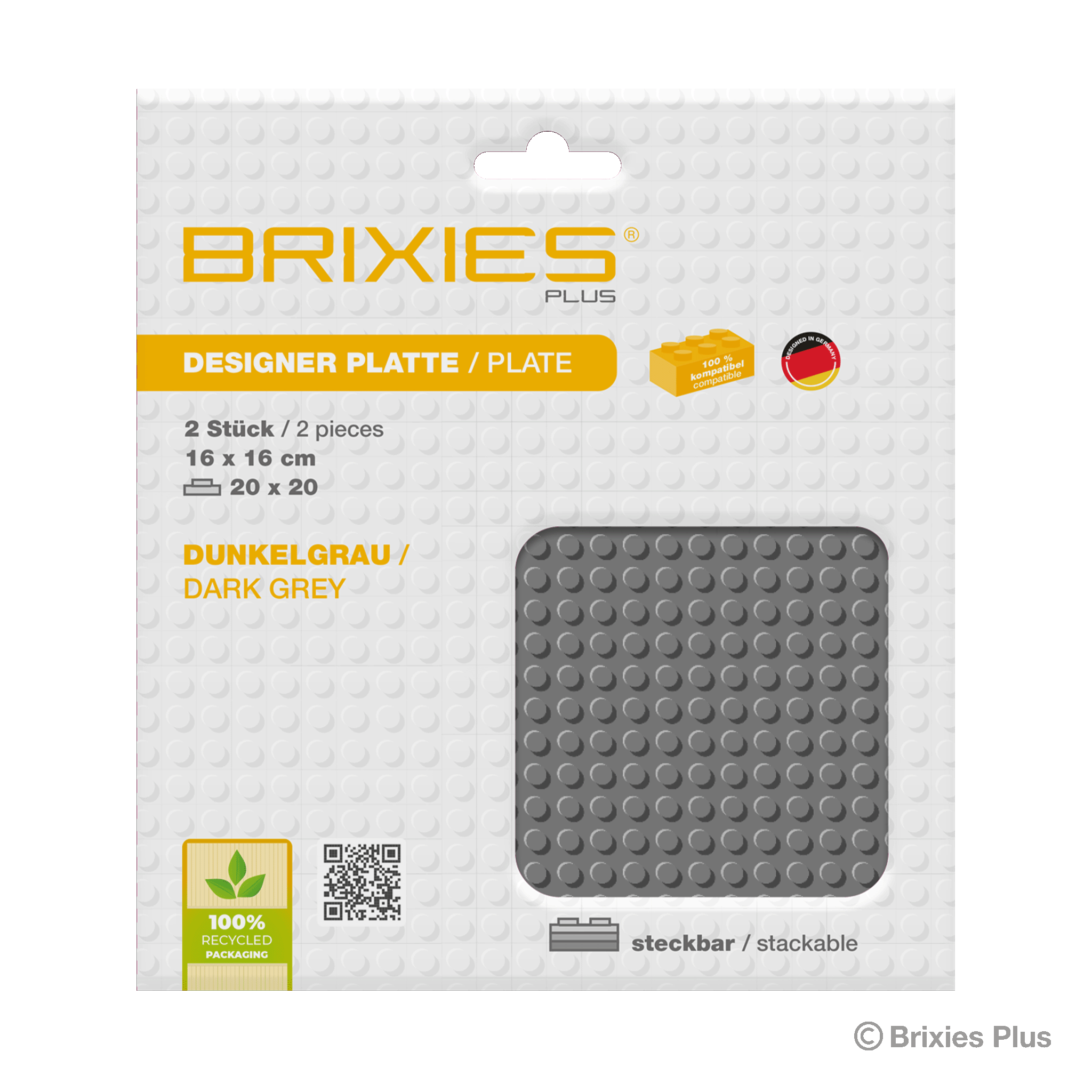BRIXIES Plus Basis Platte Dunkelgrau 20 x 20 Noppen Doppelpack