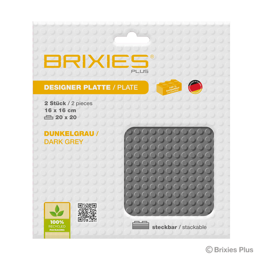 BRIXIES Plus Basis Platte Dunkelgrau 20 x 20 Noppen Doppelpack